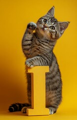 Cat Rubbing Against Letter I on Yellow Background