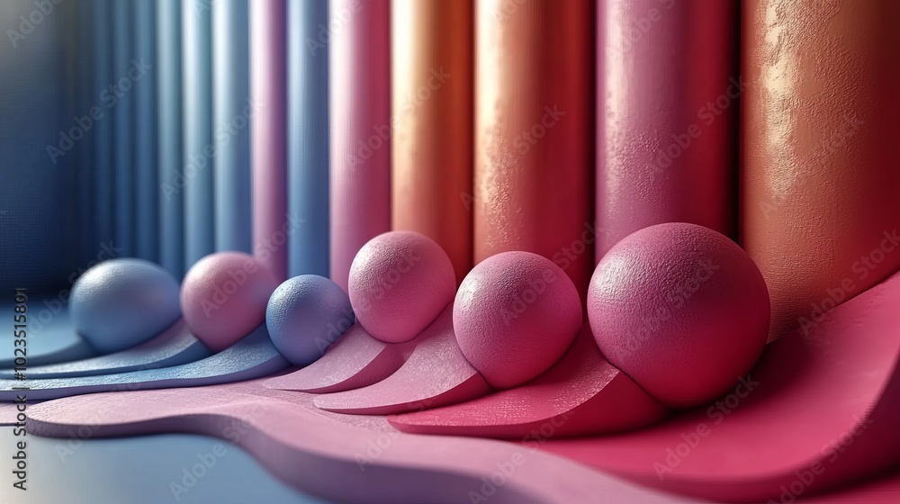 Poster abstract composition of colorful spheres and curves against vertical columns.