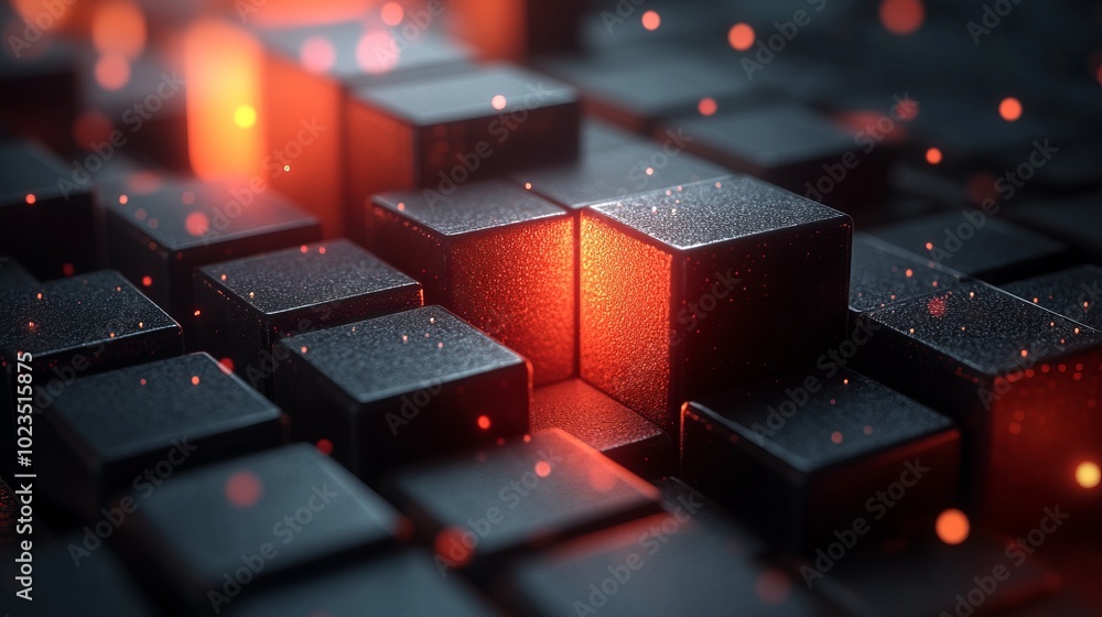 Poster abstract composition of glowing cubes on a textured surface, creating a futuristic feel.