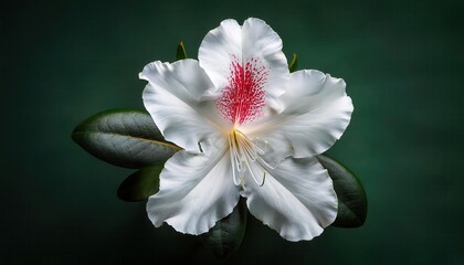 Obraz premium Close-up of Pristine White Rhododendron Flower with Delicate Stamens and Subtle Red Speckles on Dark Green Background