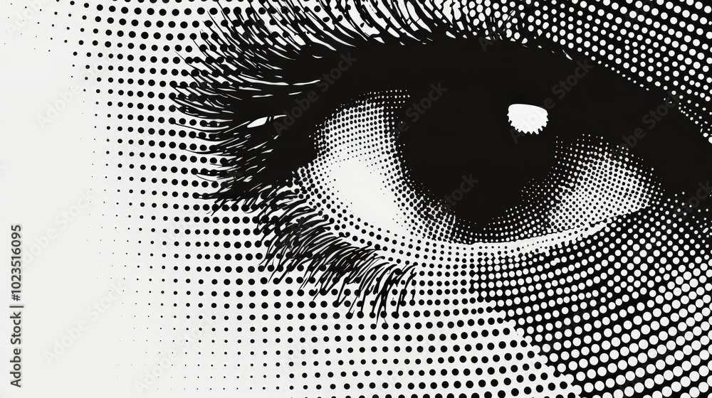 Poster a close-up view showcases the eye's intricate details with striking black and white halftone pattern