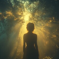 Obraz premium A woman standing with her back towards the viewer, her silhouette gradually dissolving into a forest at dawn, with soft light illuminating the trees. Isolated on white. AR: 4:3. 