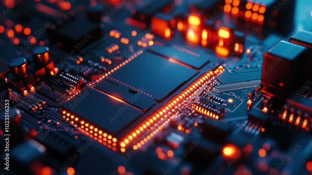 Aufkleber Close-up of a Circuit Board with Glowing Red LEDs