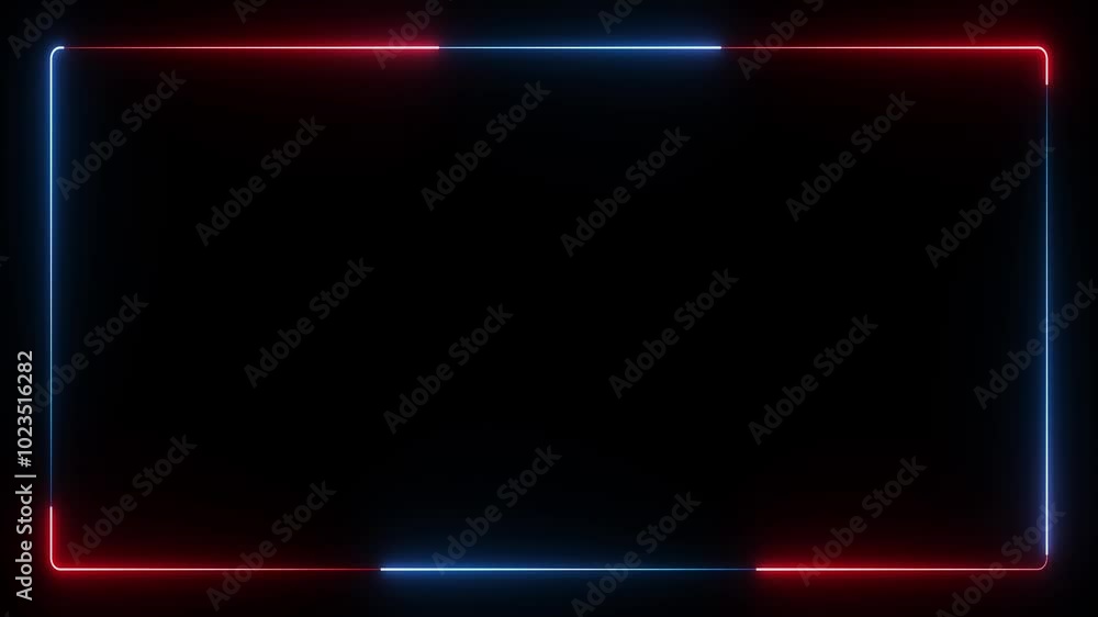 Poster neon glowing square frame on black background. rectangular frame with moving line.