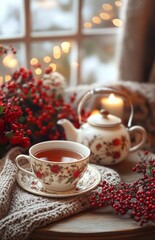 Fototapeta premium Cozy Evening with Tea, Candles, and Vintage Decor in a Warm Home