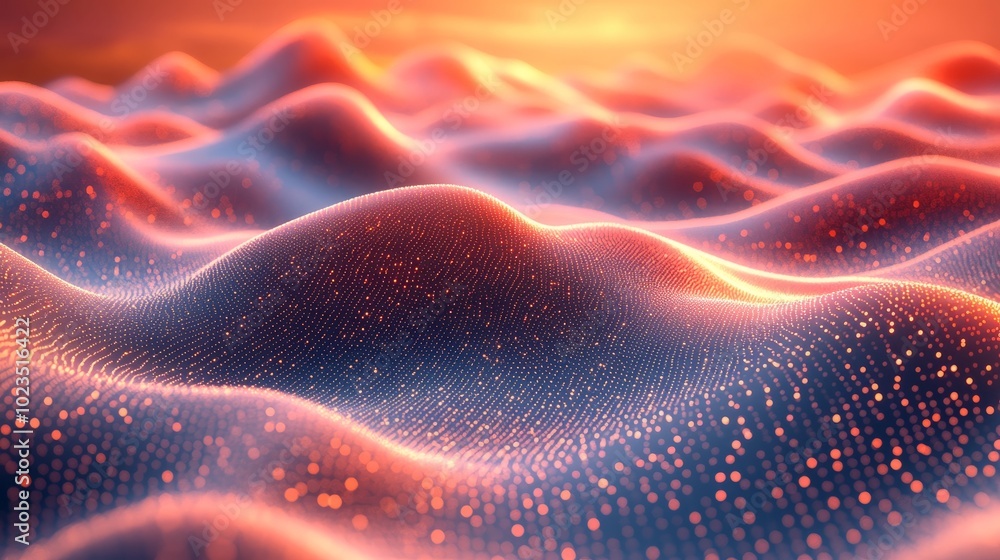 Poster abstract landscape with glowing waves and particles, evoking a sense of depth and movement.