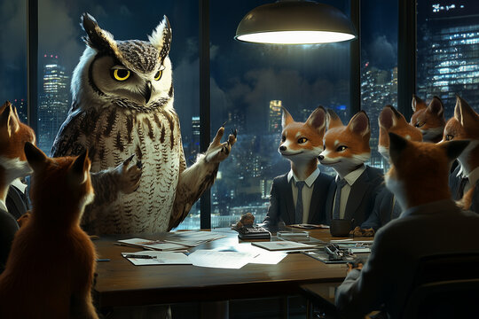 an owl dressed as agency creative director; talking to a group of foxes dressed as marketing people