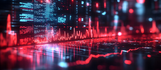 A computer screen with a red and blue background and a series of lines