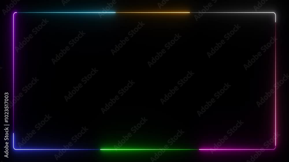 Poster neon glowing square frame on black background. rectangular frame with moving line.