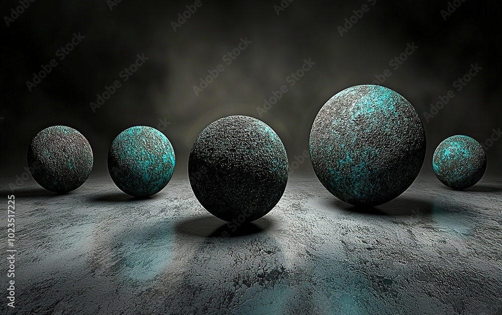 Aufkleber unique textured spheres with turquoise highlights arranged on a dark floor against a mysterious back