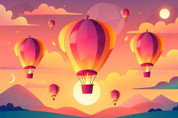 Colorful hot air balloons in a vibrant sunset sky.Concept of Makar sankranti