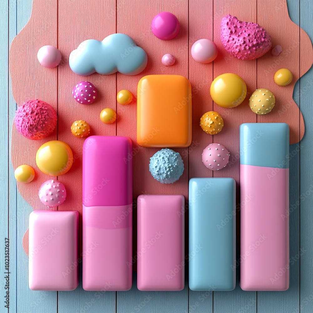 Poster colorful abstract shapes resembling a playful graph or data visualization.