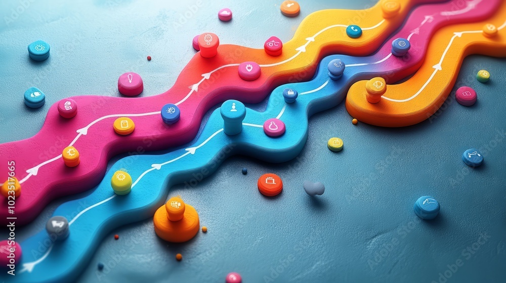 Poster colorful abstract shapes with buttons and pathways, suggesting a playful game or learning concept.