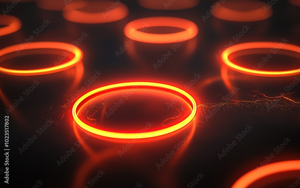 Poster glowing circular shapes radiate vibrant red light creating an abstract visual display in a dark envi