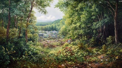 Fototapeta premium Forest clearing reveals garbage dump.