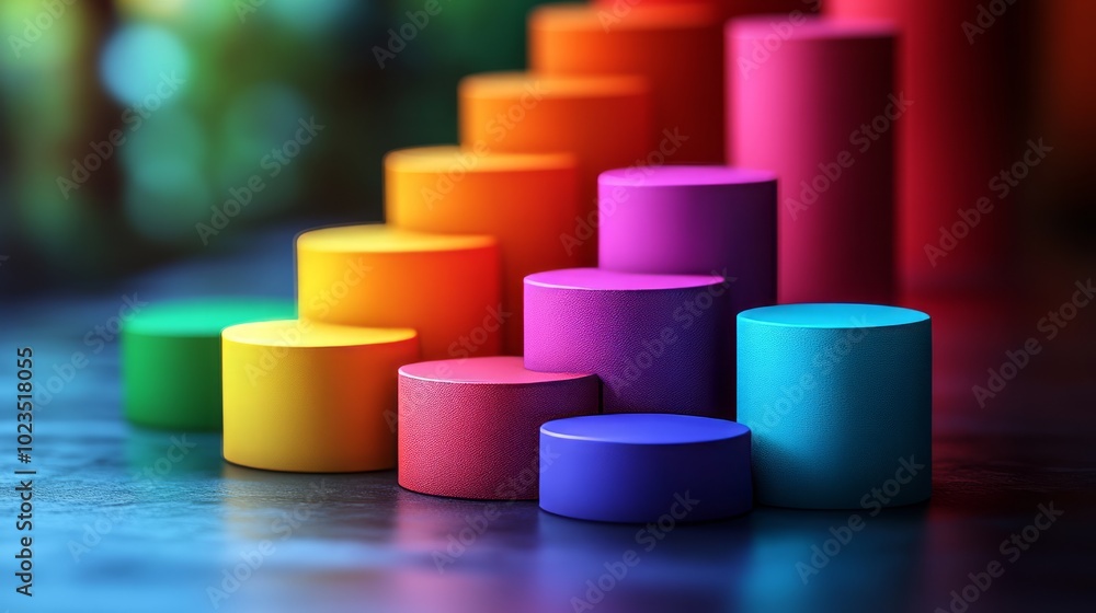 Poster colorful cylindrical shapes arranged in a gradient pattern on a tabletop.