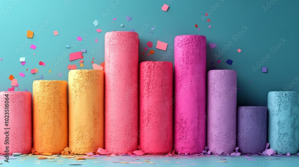Poster colorful cylindrical bars arranged in a gradient with confetti, suggesting data visualization.