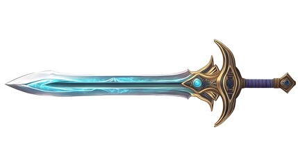 A fantasy sword featuring a blue glowing blade and ornate golden hilt, designed for epic battles.