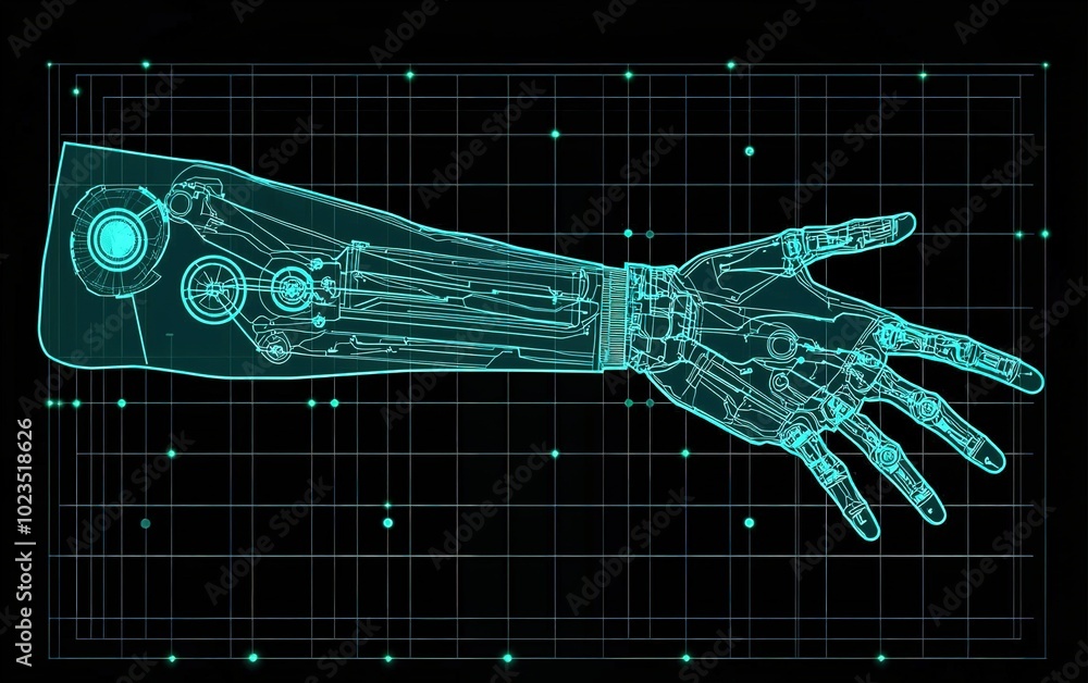 Poster a futuristic robotic arm showcasing advanced technology and design against a digital grid backdrop