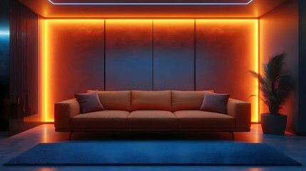 Living Room Interior Design with Orange and Blue Neon Lights - 3D Illustration