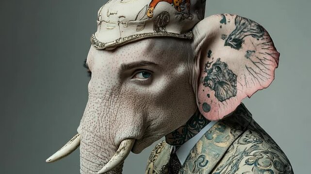 Surreal Elephant-Human Hybrid in Ornate Costume Portrait