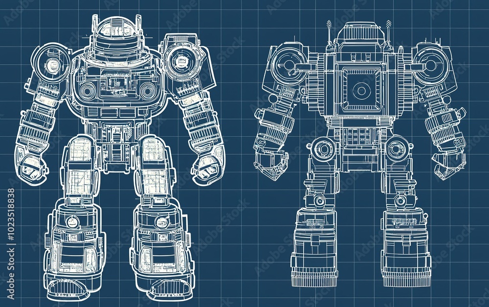 Poster detailed blueprint showcasing a robot design with intricate features on a blueprint background