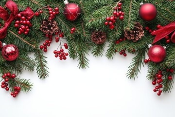 A beautiful composition of fresh evergreen branches adorned with red ornaments, pinecones, and holiday ribbons, perfect for winter festivities and seasonal decorations