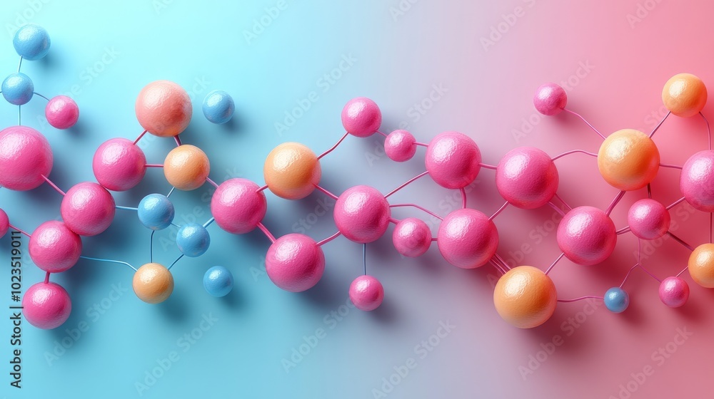 Poster colorful molecular structures on a gradient background representing scientific concepts.