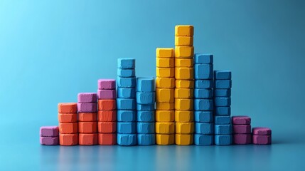 Colorful stacked blocks arranged in a bar graph pattern on a blue background.