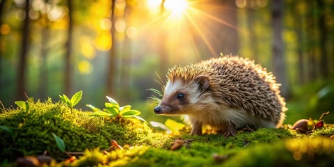 Adorable Hedgehog Exploring a Lush Forest Landscape Under Soft Sunlight, Perfect for Nature and Wildlife Photography