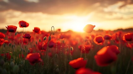 Obraz premium A vibrant field of red poppies illuminated by a warm sunset, creating a serene and picturesque landscape.