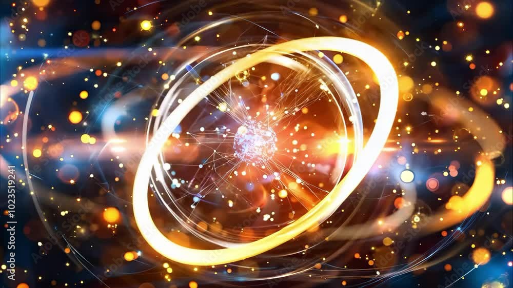 Poster an abstract representation of atomic structure, featuring particles and energy swirling in a vibrant