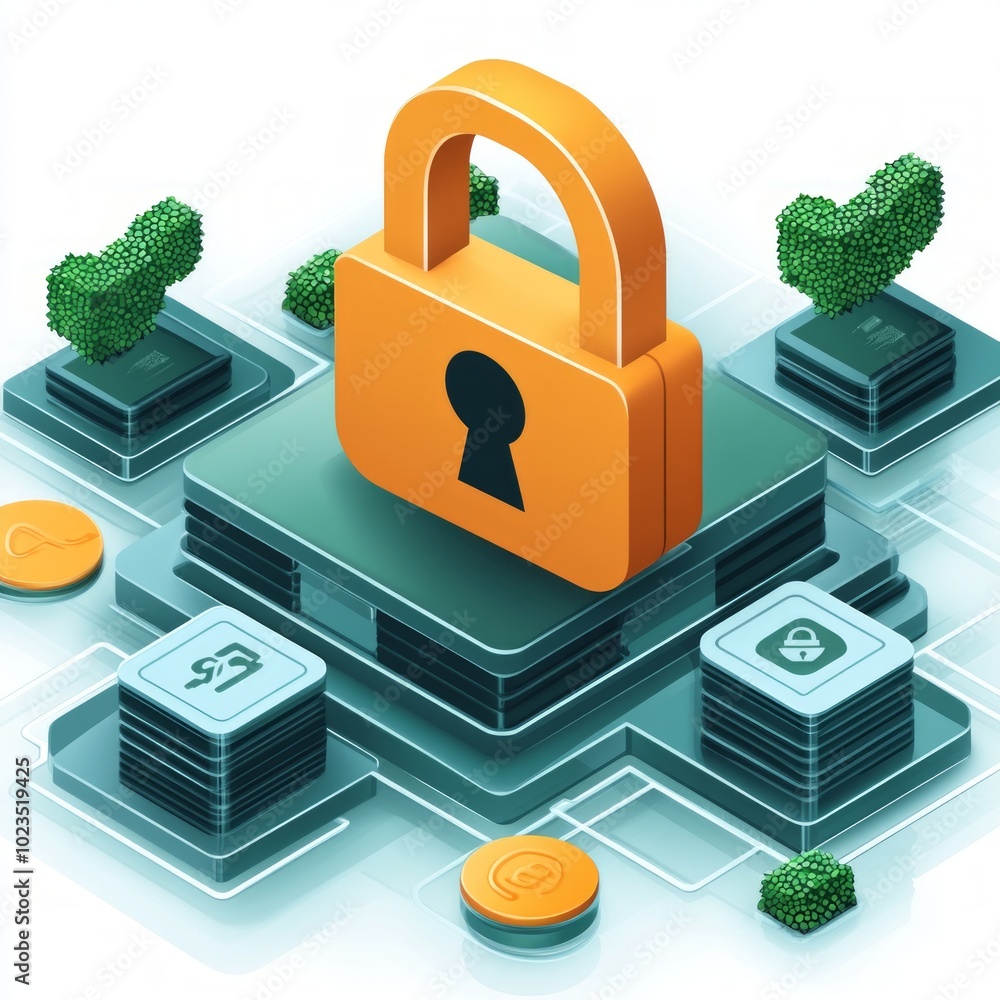 Poster digital security concept featuring a lock among data stacks and icons.