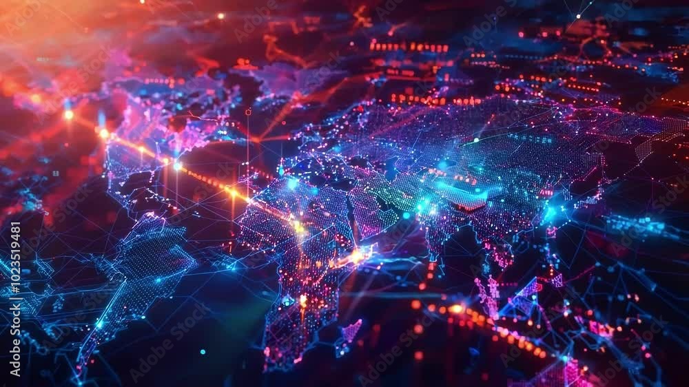 Poster abstract futuristic digital background with glowing particles forming world map and lines representi