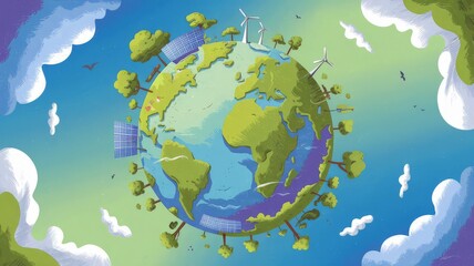 Naklejka premium Illustration of a green planet with eco-friendly elements like solar panels, wind turbines, and trees, symbolizing sustainability and environmental protection