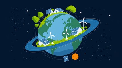 Illustration of a green planet with eco-friendly elements like solar panels, wind turbines, and trees, symbolizing sustainability and environmental protection