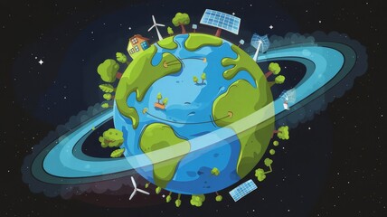 Illustration of a green planet with eco-friendly elements like solar panels, wind turbines, and trees, symbolizing sustainability and environmental protection