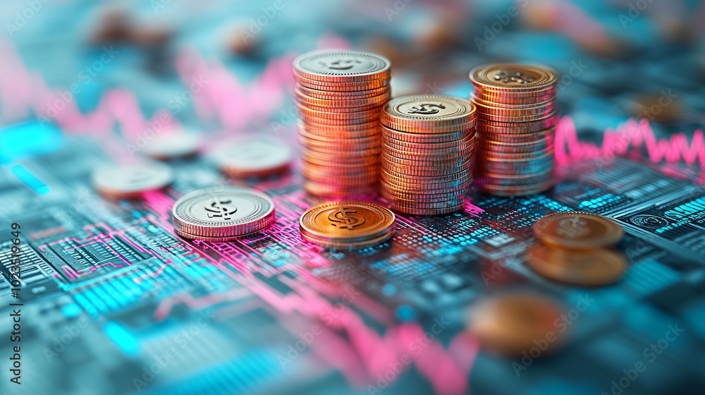 Poster stacks of coins on a digital background with a fluctuating graph, symbolizing finance.
