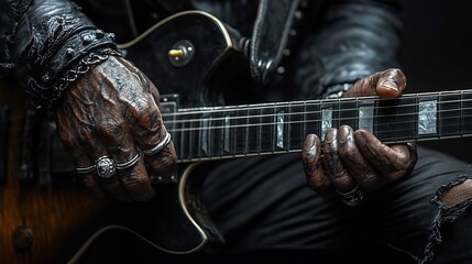 Close-up of a man's hands playing an electric guitar, with heavily tattooed fingers and multiple rings on his fingers.