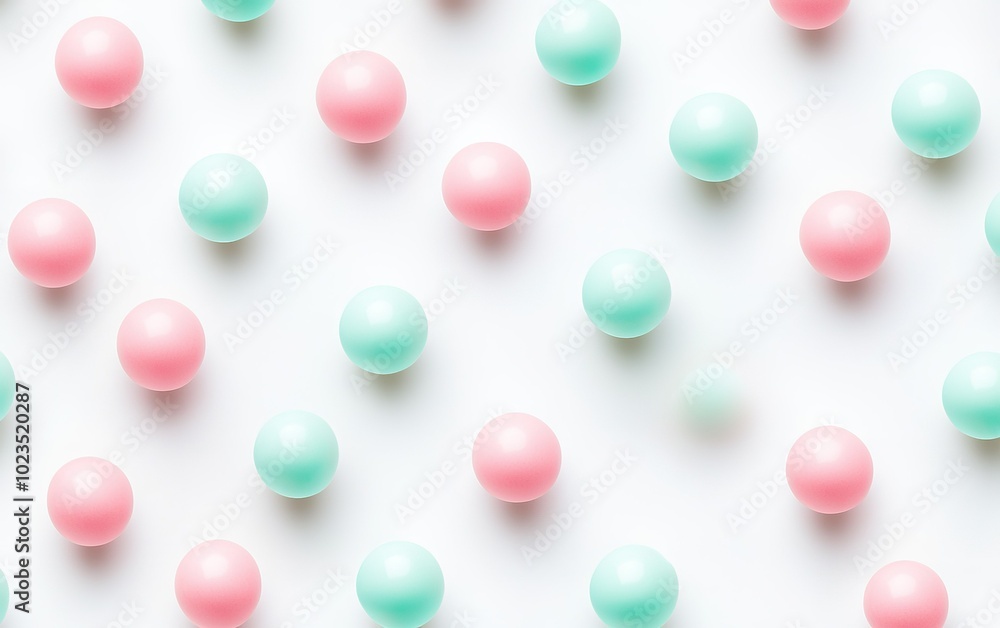 Poster Colorful pastel spheres arranged neatly on a white background create an appealing visual display in soft tones