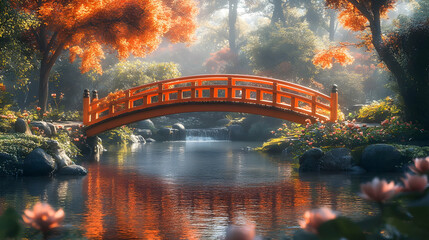 Obraz premium Autumnal Garden with Red Bridge and Waterfall Illustration