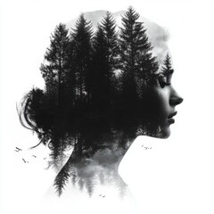 Fototapeta premium The outline of a woman’s body filled with tall trees, her hair merging with the forest canopy as birds fly off into the morning sky. White background. AR: 4:3. 