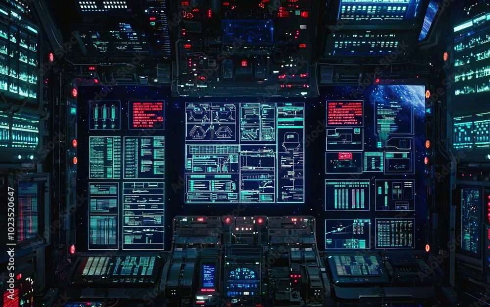 Poster futuristic control room filled with glowing screens displaying complex data and digital interfaces i