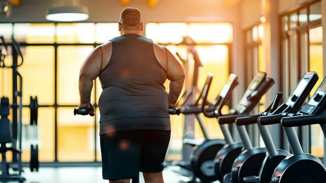 Overweight individual training at the gym to enhance physical fitness and overall health. The setting features various exercise machines, with warm lighting highlighting