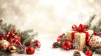 Festive Christmas scene with golden gift box, red ornaments, pine branches, and pinecones on snowy background with sparkling bokeh lights.