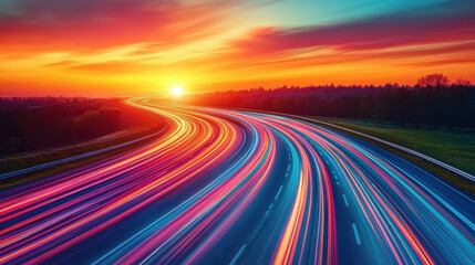Captivating sunset scene featuring vibrant traffic light streaks on a highway. The blend of colors evokes energy and movement in an urban landscape