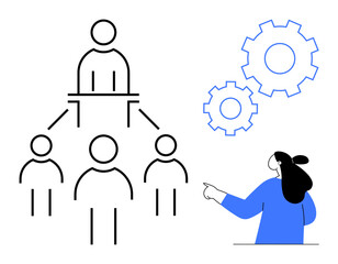 Simple sketch of a hierarchy with one person at the top connected to three below. Nearby, a person in blue indicates gears, representing workflow. Ideal for business, management, teamwork, structure