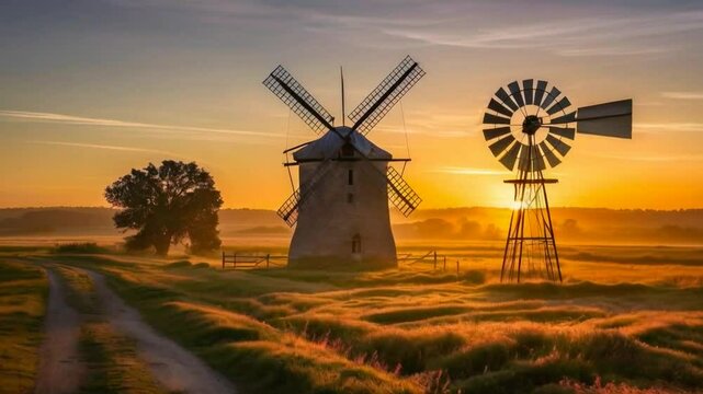 A serene landscape featuring a windmill and a wind pump at sunrise.