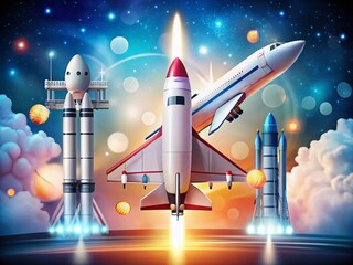 Fototapeta premium Aerospace Icon: Vector Illustration of Airplane, Rocket, and Satellite Symbols for Aviation and Space Exploration