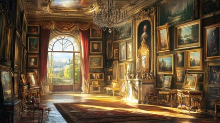 Obraz premium Ornate room with paintings and a window view.